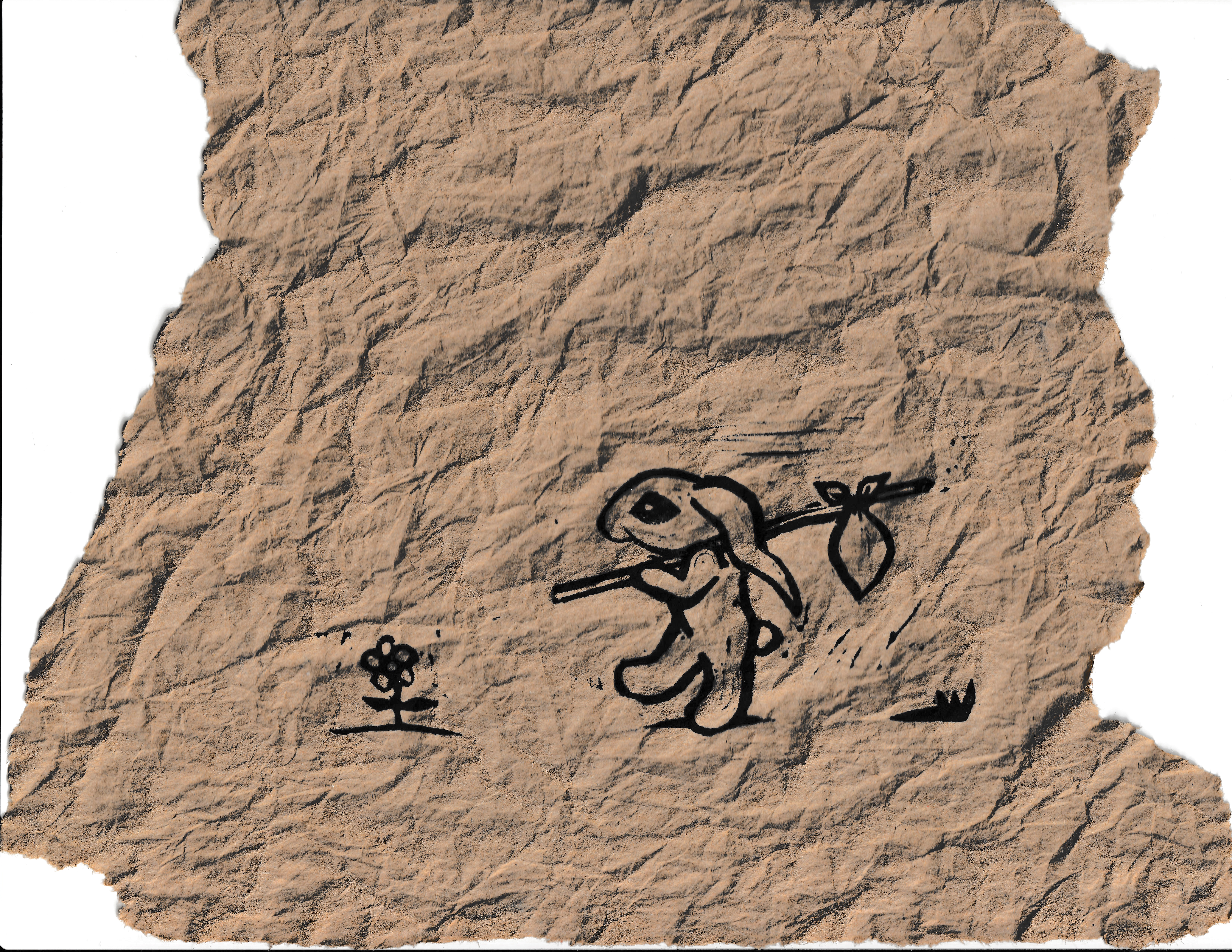Traveler Rabbit hand-printed on salvaged packing paper